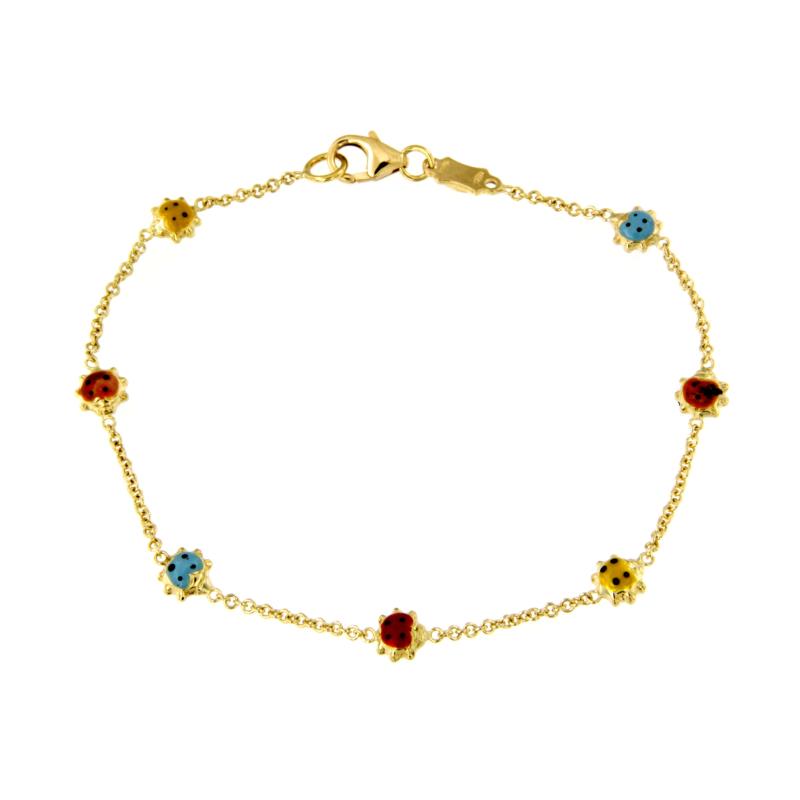 BRACCIALE ORO GIALLO 750/1000 MAGLIA ROLÒ CON COCCINELLE SMALTATE - CM 17.5 - 