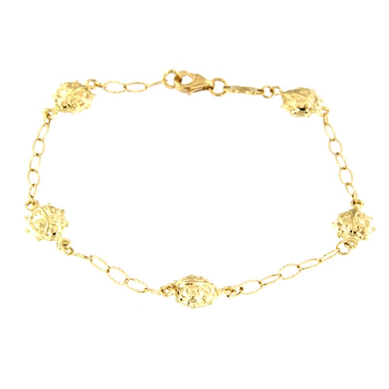 BRACCIALE ORO GIALLO 750/1000 MAGLIA ZIGRINATA CON COCCINELLE - CM. 19 - 