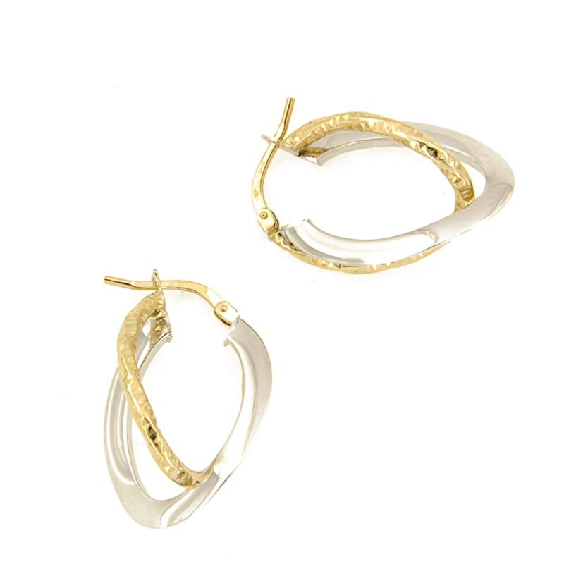COPPIA ORECCHINI DUE ORI 750/1000 DOPPI CERCHI INTRECCIATI RITORTI E MARTELLATI - 