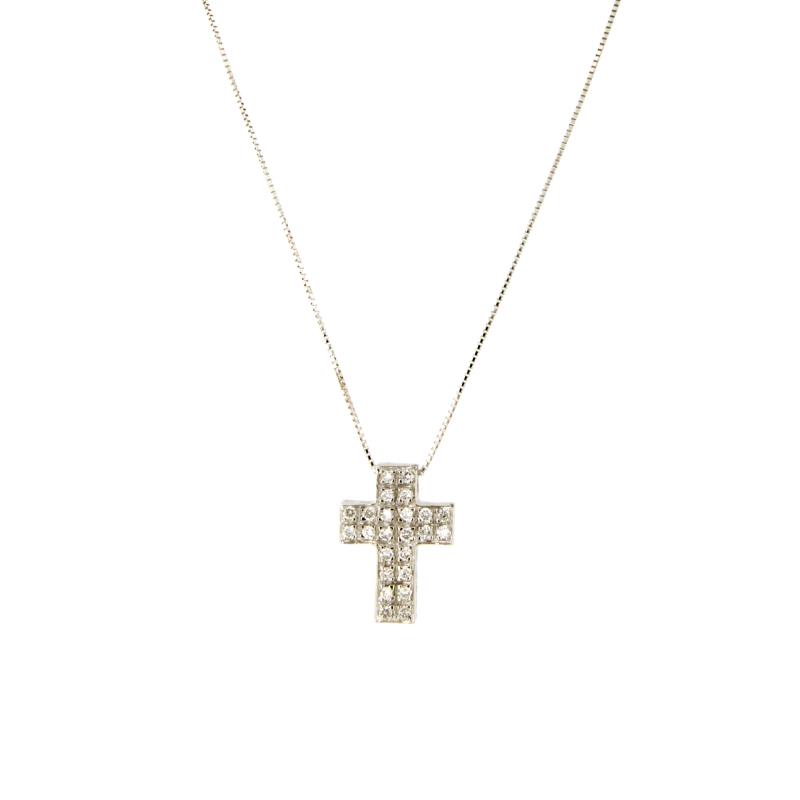 CATENA CON PENDENTE ORO BIANCO 750/1000 CROCE CON PAV&Egrave; DI DIAMANTI TAGLIO BRILLANTE CT 0.20 TOTALI G - SI1 - CM 42 - 