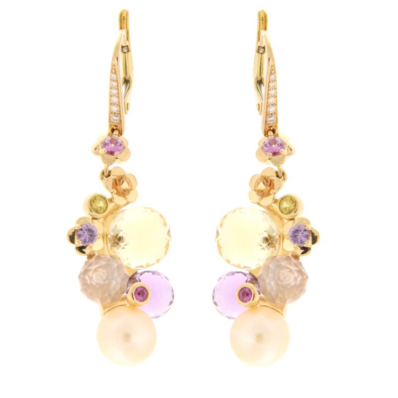 CHANEL - COPPIA ORECCHINI - DUE ORI 750/1000 - MONACHELLE COLLEZIONE MADEMOISELLE CON QUARZO CITRINO, AMETISTA, PERLA ROSA E DIAMANTI TAGLIO BRILLANET CT 0.15 TOTALI  - 