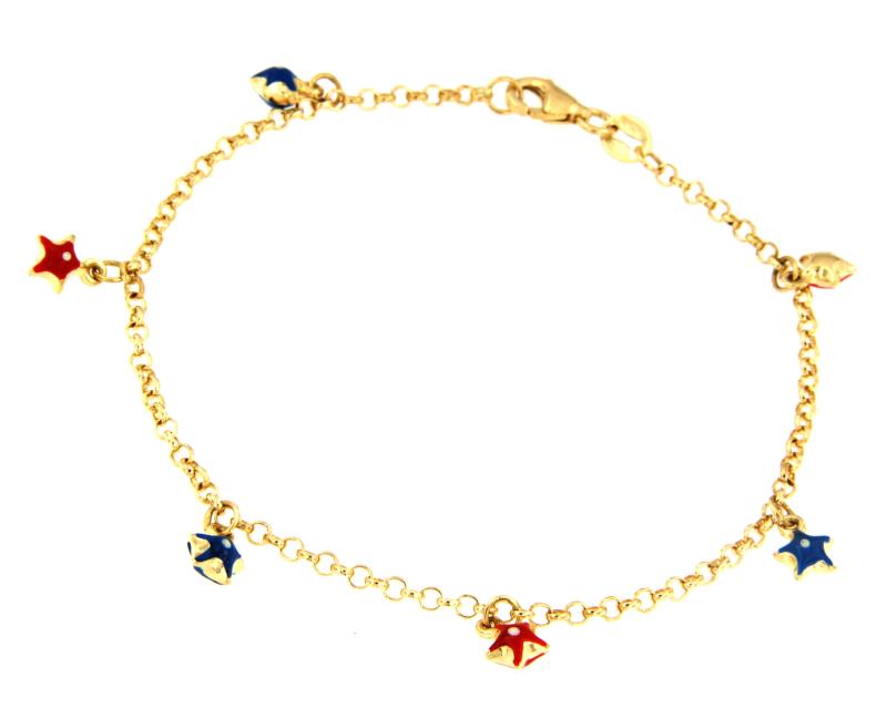 BRACCIALE ORO GIALLO 750/1000 CON STELLINE SEMI SMALTATE PENDENTI CM 17.5  - 