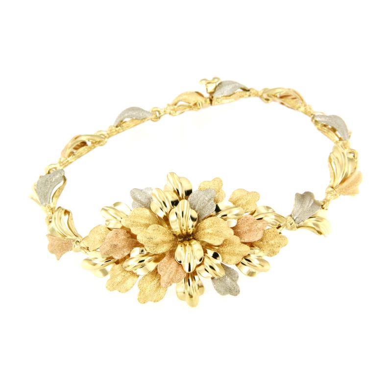 BRACCIALE TRE ORI 750/1000 FOGLIE SEMI-DIAMANTATE - CM. 19 - 
