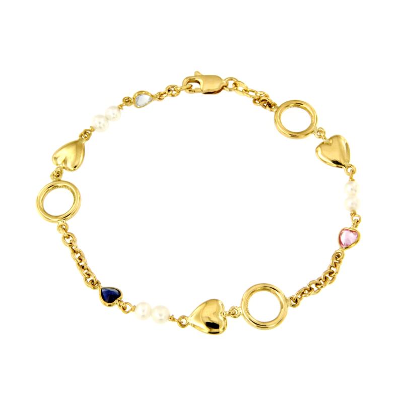 BRACCIALE ORO GIALLO 750/1000 CON CUORI, CERCHI, PERLE DI ACQUA DOLCE E ZIRCONI COLORATI - CM 19.5 - 