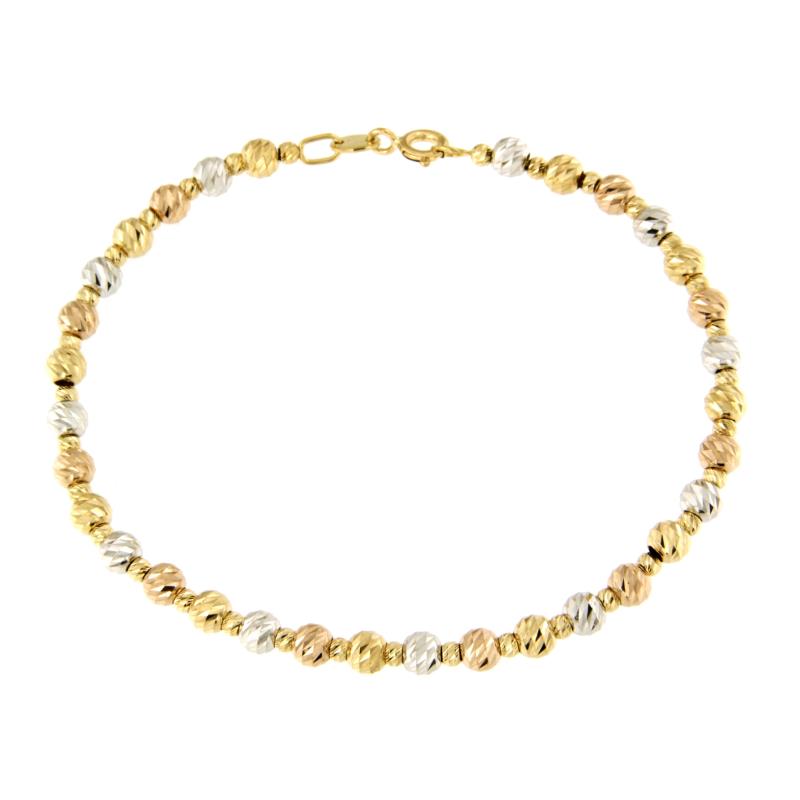 BRACCIALE TRE ORI 750/1000 MAGLIA SFERE DIAMANTATE - CM 18.5 - 