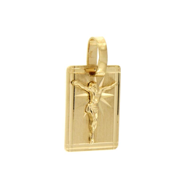 MEDAGLIETTA RELIGIOSA ORO GIALLO 750/1000 RETTANGOLARE SEMISATINATA CON CRISTO  - 