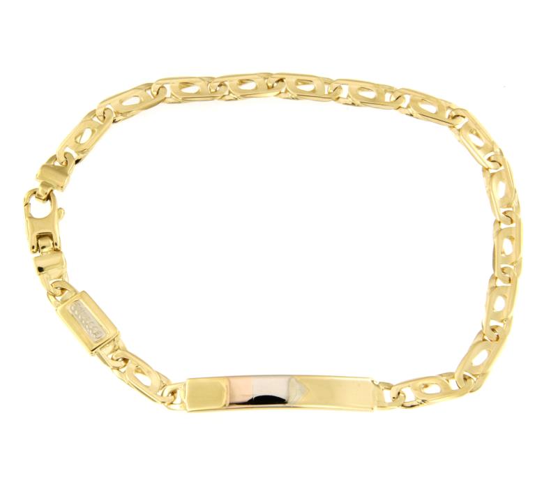 BRACCIALE TRE ORI 750/1000 MAGLIA GRUMETTA DOPPIA CON TARGHETTA -  CM 22 - 