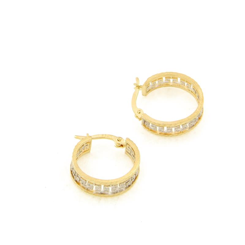 COPPIA ORECCHINI DUE ORI 750/1000 CERCHIETTI SEMI-SATINATI CON GRECA - 