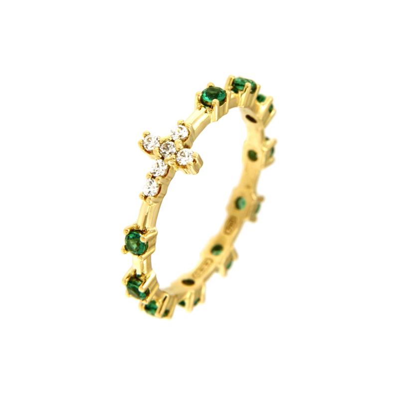 ANELLO ORO GIALLO 750/1000 ROSARIO CON ZIRCONI BIANCHI E VERDI - MIS. 12 (NO MESSA A MISURA) - 