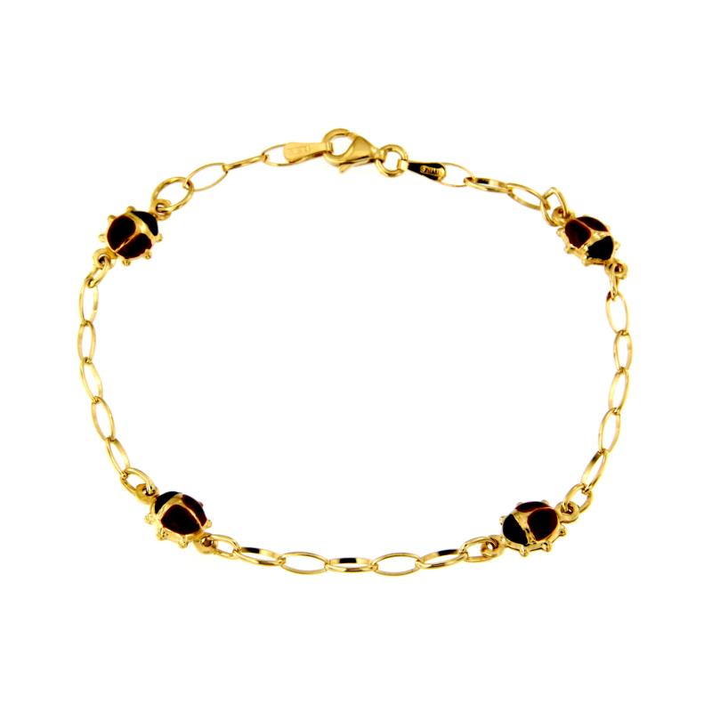 BRACCIALE ORO GIALLO 750/1000 MAGLIA ROL&Ograve; OVALE CON COCCINELLE SMALTATE - CM 18.5 - 