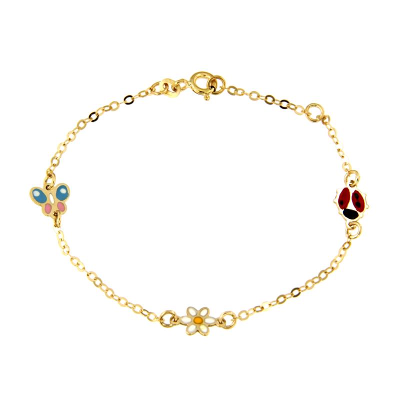 BRACCIALE ORO GIALLO 750/1000 FIORE, FARFALLA, COCCINELLA SMALATATE - CM 16 - 