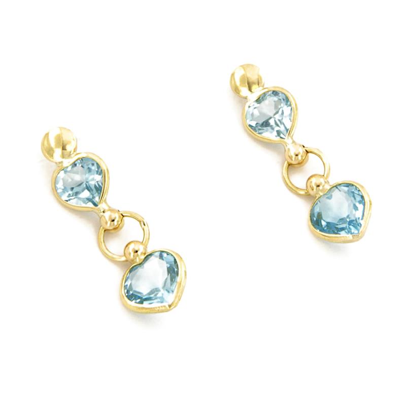 COPPIA ORECCHINI ORO GIALLO 750/1000 CUORI PENDENTI CON TOPAZI AZZURRI - 