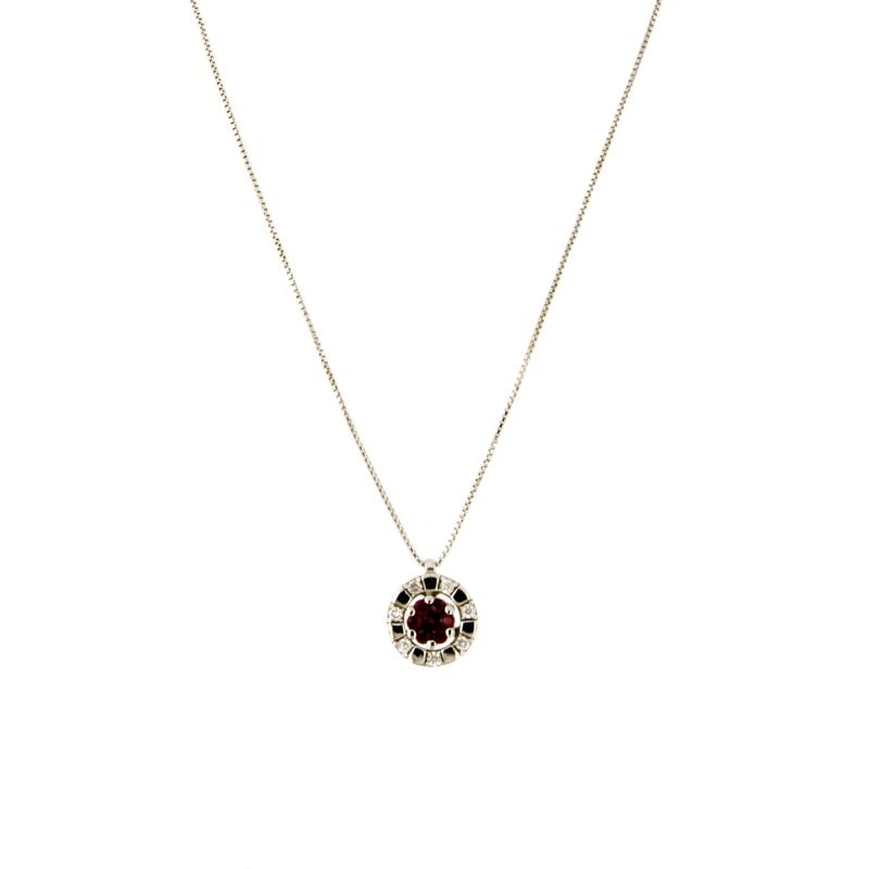 CATENA CON PENDENTE ORO BIANCO 750/1000 A CONTORNO CON RUBINI E DIAMANTI TAGLIO BRILLANTE CT 0.05 TOTALI H - SI3 - CM 42 - 