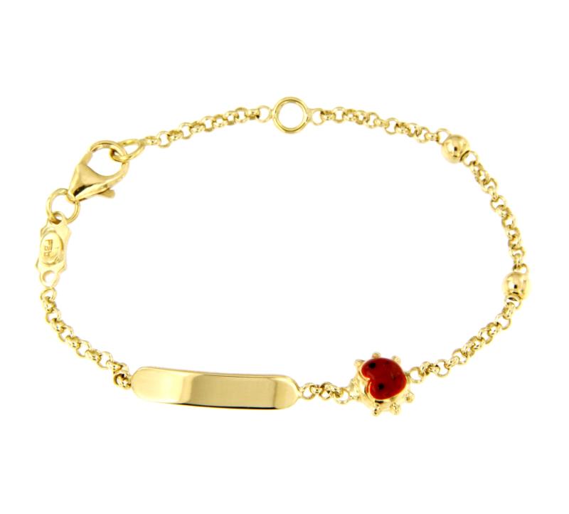 BRACCIALE ORO GIALLO 750/1000 COCCINELLA SMALTATA E TARGHETTA - CM 14 - 