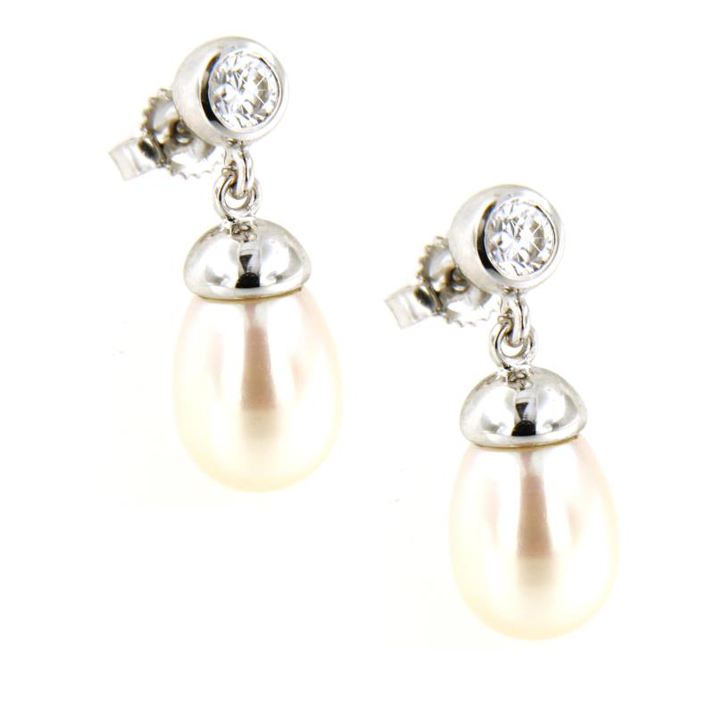 COPPIA ORECCHINI ORO BIANCO 750/1000 PENDENTI CON ZIRCONI E PERLE DI ACQUA DOLCE - 