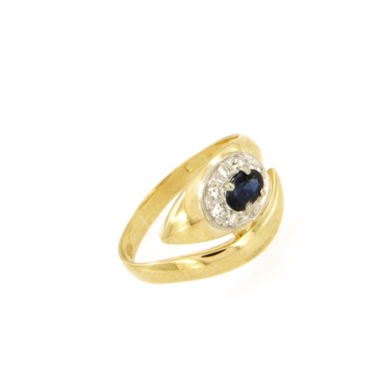 ANELLO DUE ORI 750/1000 CONTRARI&Egrave; A CONTORNO CON ZAFFIRO E DIAMANTI TAGLIO HUIT-HUIT CT 0.08 TOTALI - MIS. 11 (MAX 2 MISURE) - 