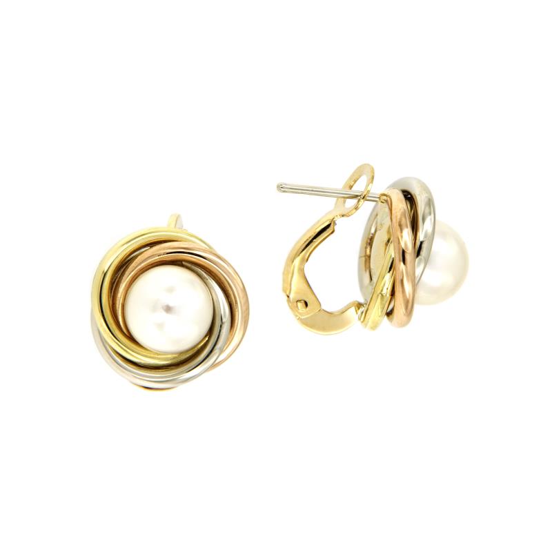 COPPIA ORECCHINI TRE ORI 750/1000 MONACHELLE CON PERLE AKOYA MM 7.00 - 