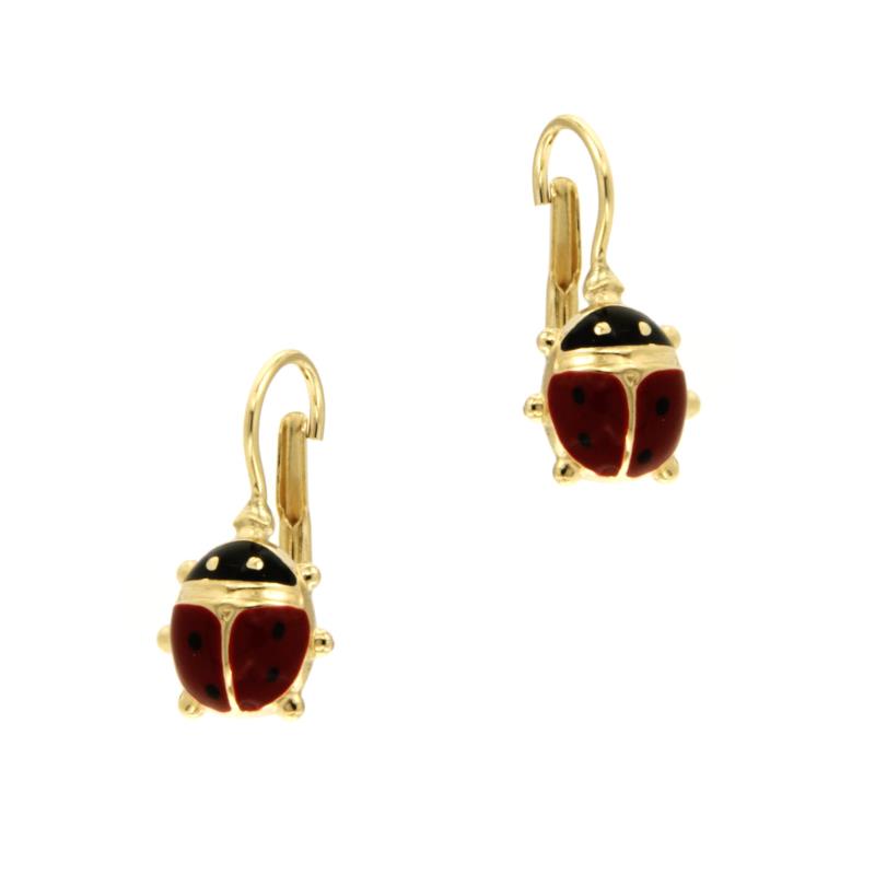 COPPIA ORECCHINI ORO GIALLO 750/1000 MONACHELLE CON COCCINELLA SMALTATA - 
