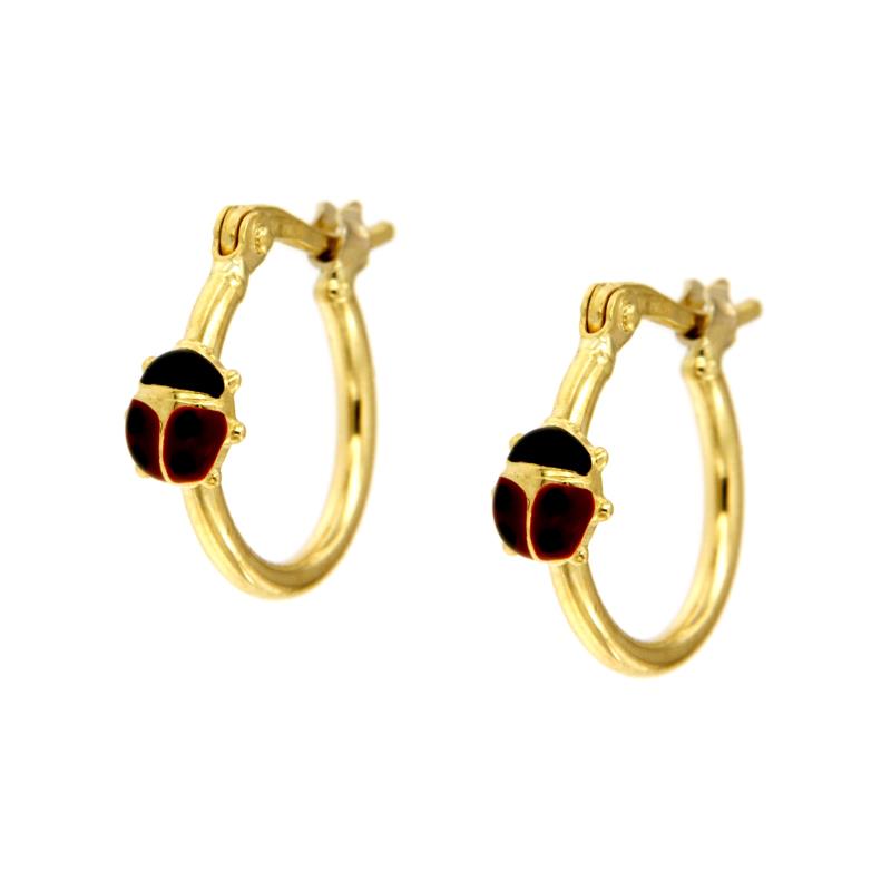 COPPIA ORECCHINI ORO GIALLO 750/1000 CERCHIETTI CON COCCINELLE SMALATATE - 