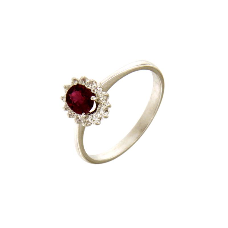 ANELLO ORO BIANCO 750/1000 A CONTORNO CON RUBINO E DIAMANTI TAGLIO BRILLANTE CT 0.14 TOTALI G - VS - MIS. 15 - 