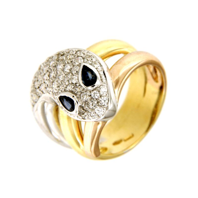 ANELLO DUE ORI 750/1000 SERPENTE CON PAV&Egrave; DI ZIRCONIE BIANCHE E BLU - MIS. 14 - 