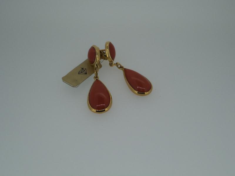COPPIA ORECCHINI ORO GIALLO  750/1000 PENDENTI CON CORALLO - 