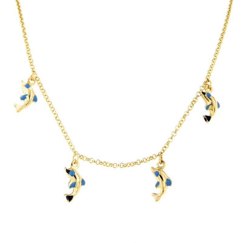 COLLANA ORO GIALLO 750/1000 CON DELFINI SMALTATI PENDENTI - CM 43 - 