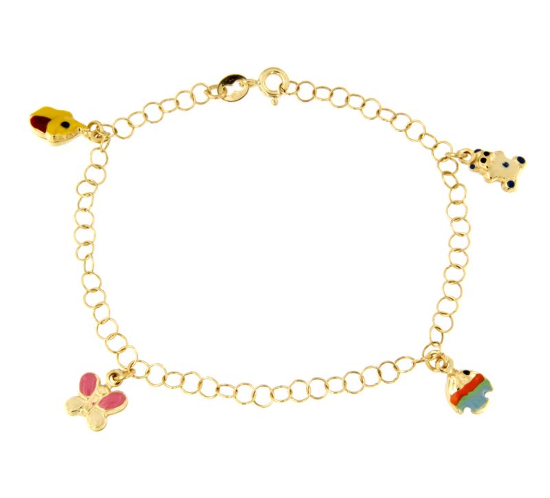 BRACCIALE ORO GIALLO 750/1000 MAGLIA ROLÒ CON ANIMALETTI PENDENTI SMALTATI - CM 18.5 - 