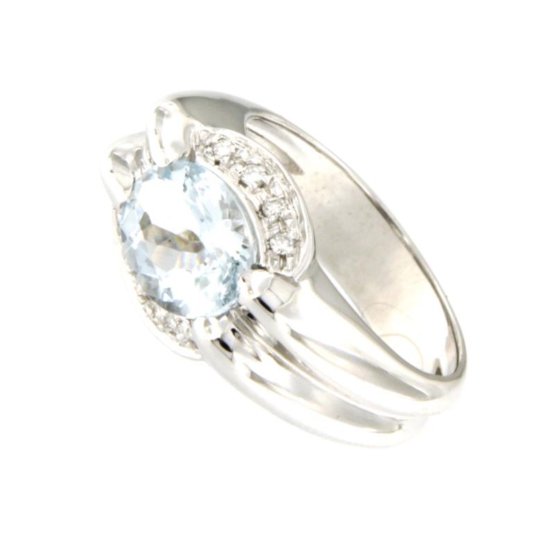 ANELLO ORO BIANCO 750/1000 CON ACQUAMARINA E DIAMANTI TAGLIO BRILLANTE CT 0.10 TOTALI G - SI1 - MIS. 15 - 