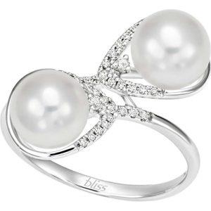 BLISS - ANELLO - ORO BIANCO 750/1000 - CONTRARI&Egrave; CON PAV&Egrave; DI DIAMANTI T. BRILLANTE CT 0.15 TOT. G - SI3 E PERLE AKOYA MM 7.50  -  MIS. 13 - BLISS