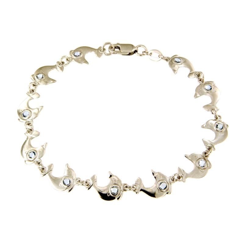 BRACCIALE ORO BIANCO 750/1000 DELFINI CON TOPAZI AZZURRI - CM 18 - 