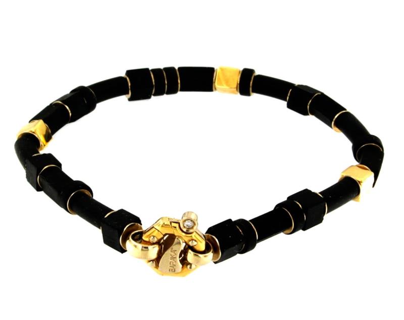 BARAKA -BRACCIALE IN CAUCIU' E ORO GIALLO 750/1000  CON  DIAMANTE TAGLIO  BRILLANTE CT 0.02 - 20 CM - BARAKA