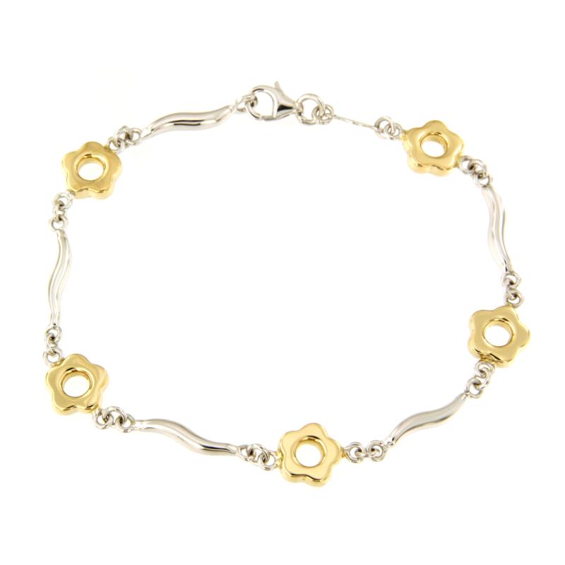 BRACCIALE DUE ORI 750/1000 A SEGMENTI CON FIORI - CM. 19 - 