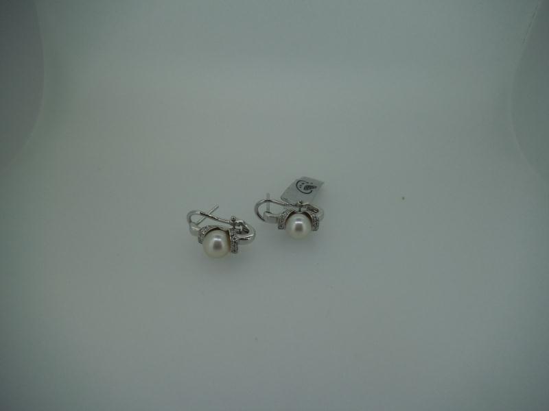 COPPIA ORECCHINI ORO BIANCO CON  PERLE  E DIAMANTI DA 0.01 CT CAD. - 