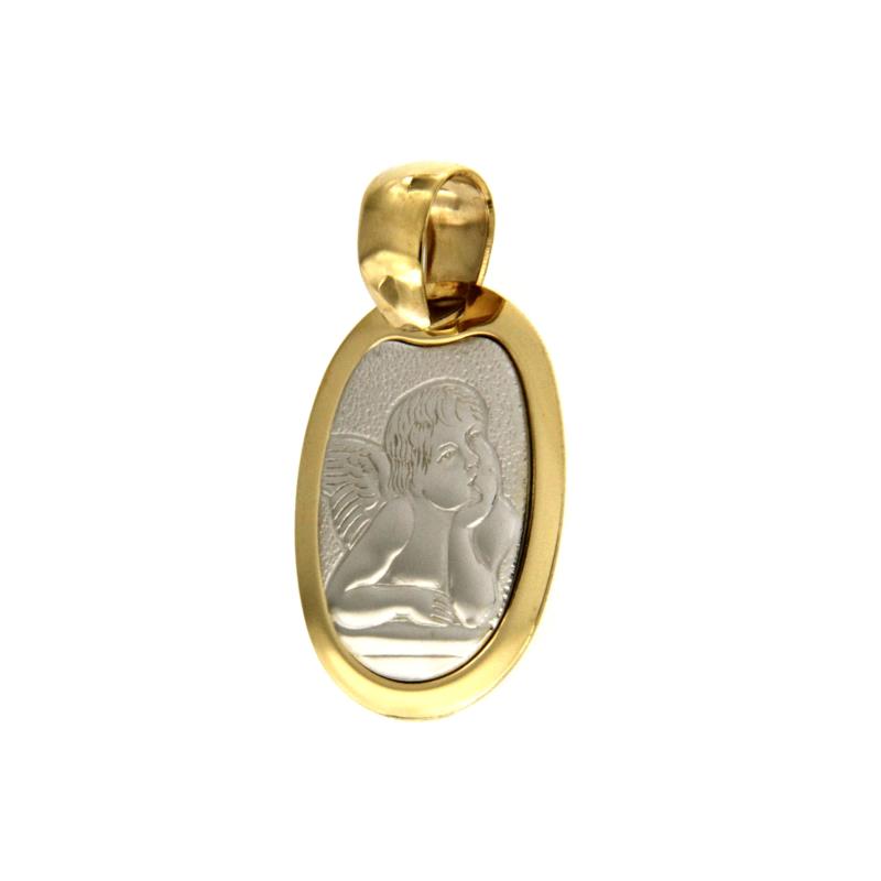 MEDAGLIA RELIGIOSA DUE ORI 750/1000 OVALE CON ANGIOLETTO - 