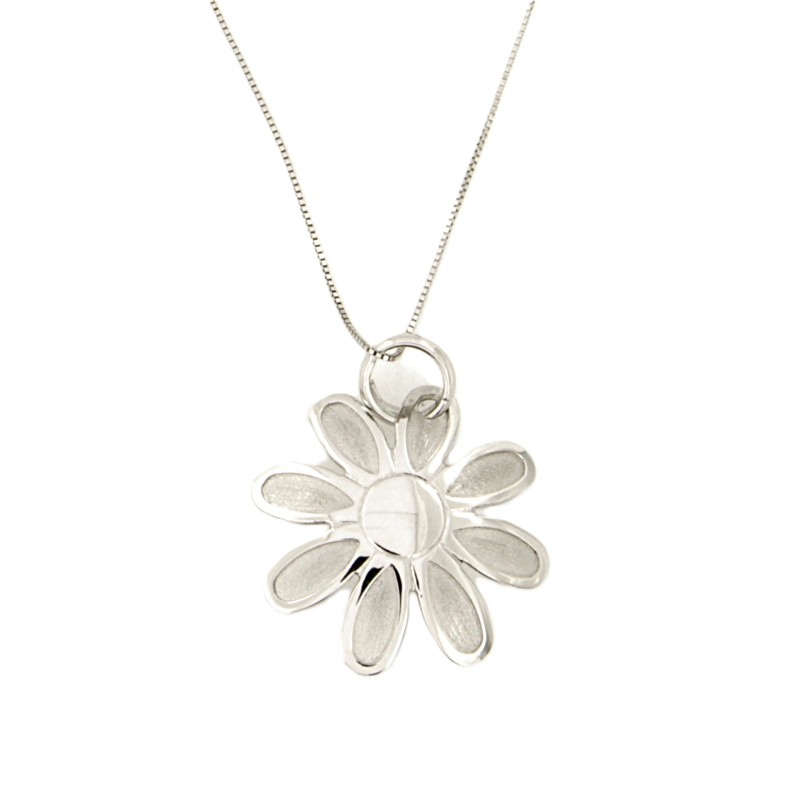 COLLANA ORO BIANCO 750/1000 PENDENTE A FIORE SEMI-SATINATO CM 50 - 