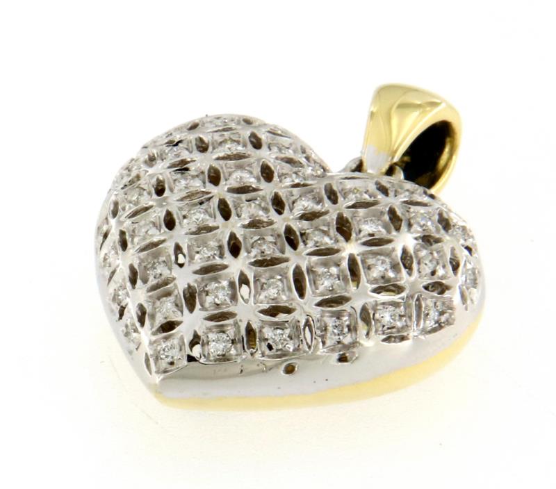 CIONDOLO 2 ORI  BIANCO E GIALLO 750\1000  CUORE LAVORATO CON DIAMANTINI - 