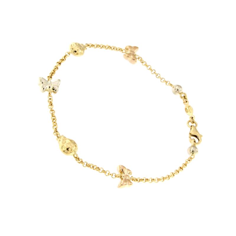 BRACCIALE TRE ORI 750/1000 MAGLIA ROL&Ograve; CON FARFALLE E COCCINELLE - CM 18.5 - 