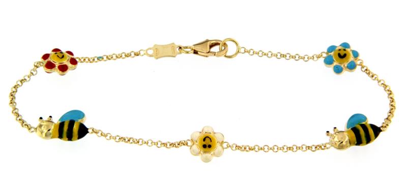 BRACCIALE ORO GIALLO 750/1000 CON API E FIORI SMALTATI CM. 19 - 