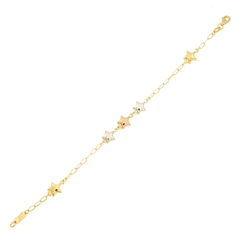 BRACCIALE TRE ORI 750/1000 MAGLIA ROL&Ograve; DIAMANTATA CON STELLINE - CM 17 - 