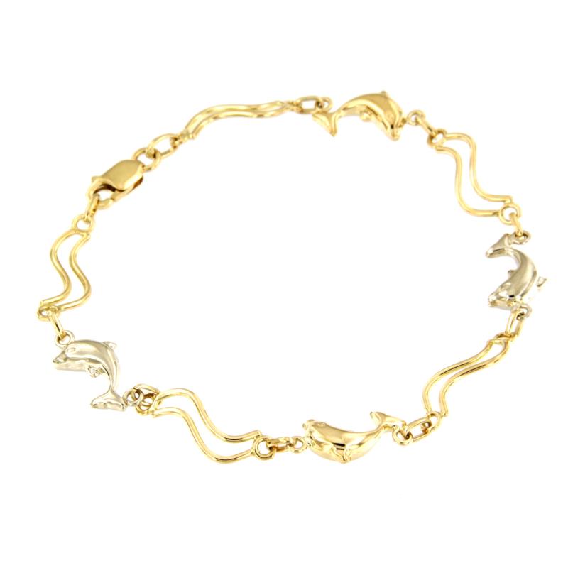 BRACCIALE DUE ORI 750/1000 MAGLIA ONDULATA CON DELFINI - CM. 18.5 - 