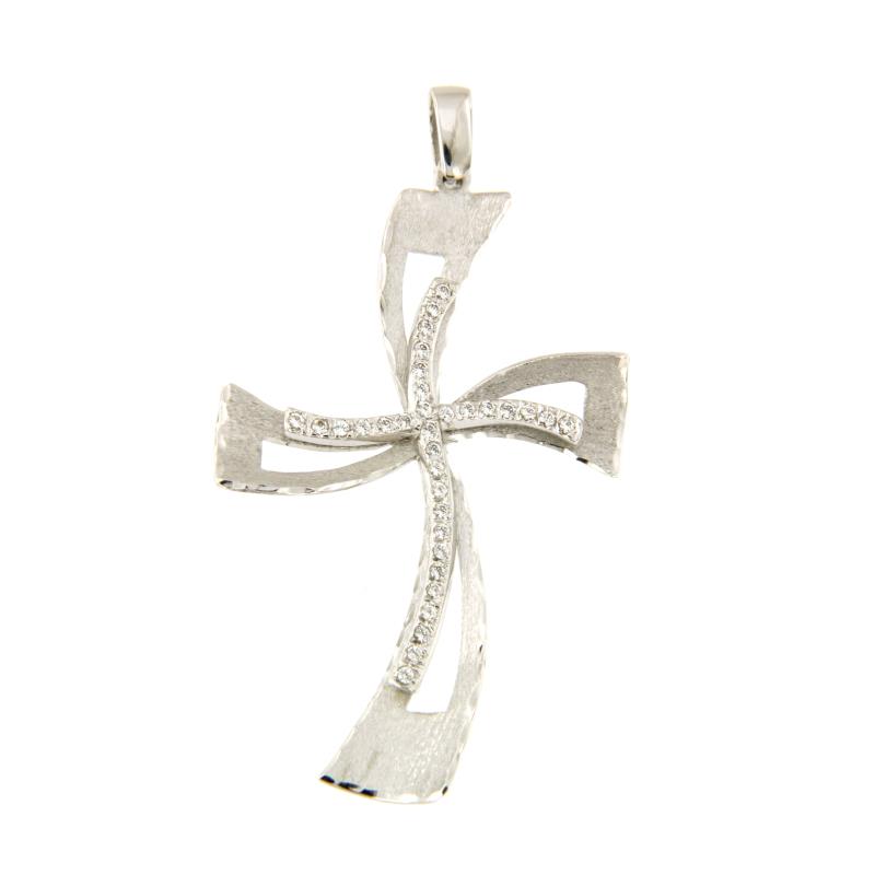 CIONDOLO ORO BIANCO 750/1000 CROCE TRAFORATA CON ZIRCONI - 