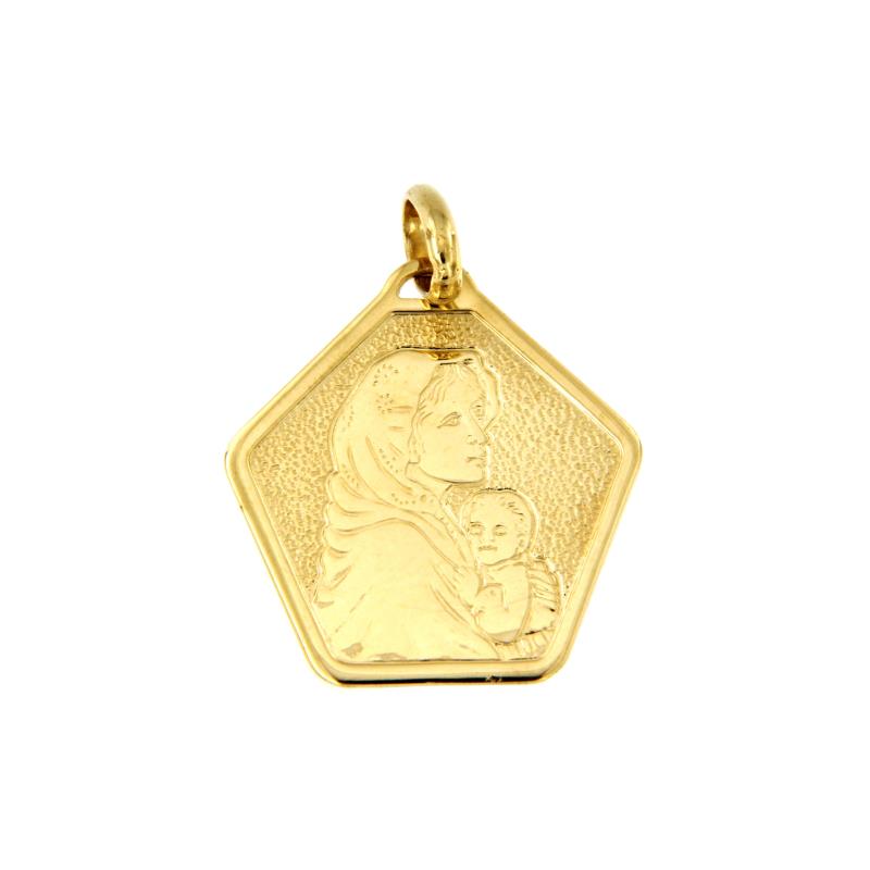 MEDAGLIETTA RELIGIOSA ORO GIALLO 750/1000 PENTAGONO CON MADONNA E BIMBO  - 