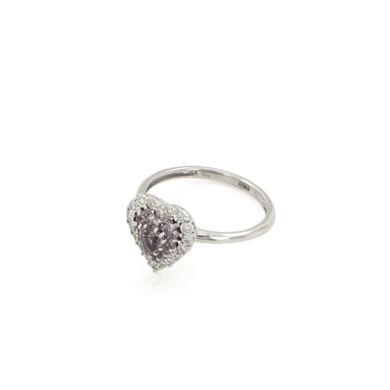 BLISS - ANELLO - ORO BIANCO 750/1000 - CUORE A CONTORNO CON DIAMANTI TAGLIO BRILLANTE CT 0.09 TOTALI G - SI2 E ZAFFIRI ROSA - MIS. 13 - BLISS