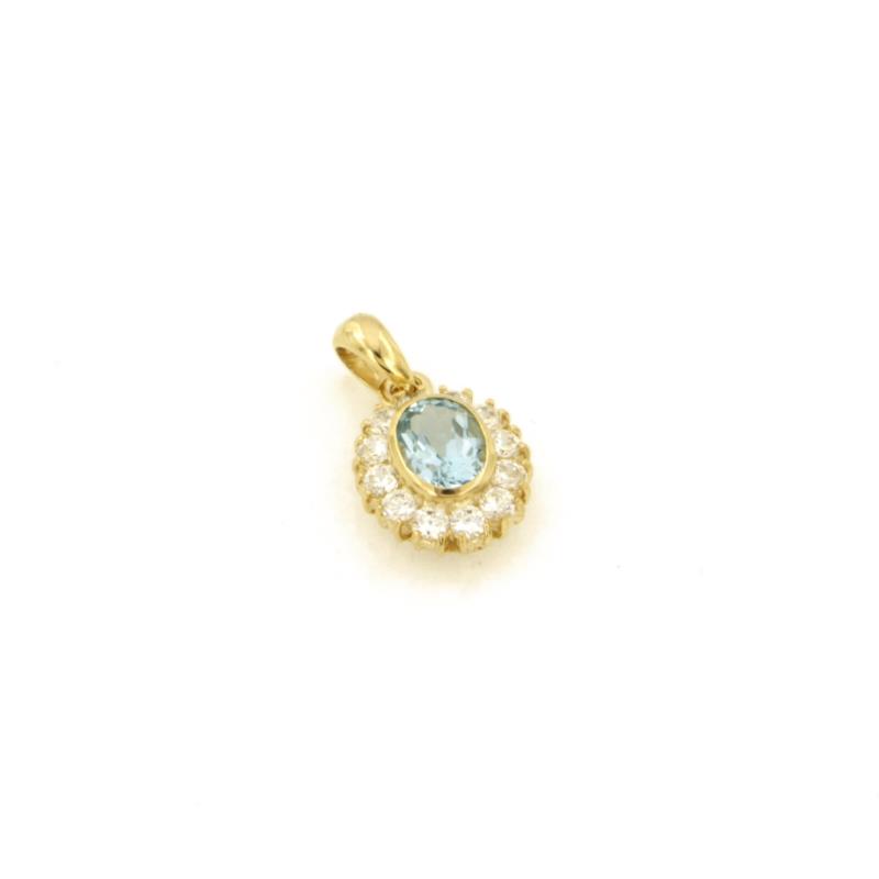 CIONDOLO ORO GIALLO 750/1000 CON CONTORNO DI ZIRCONI E TOPAZIO AZZURRO - 