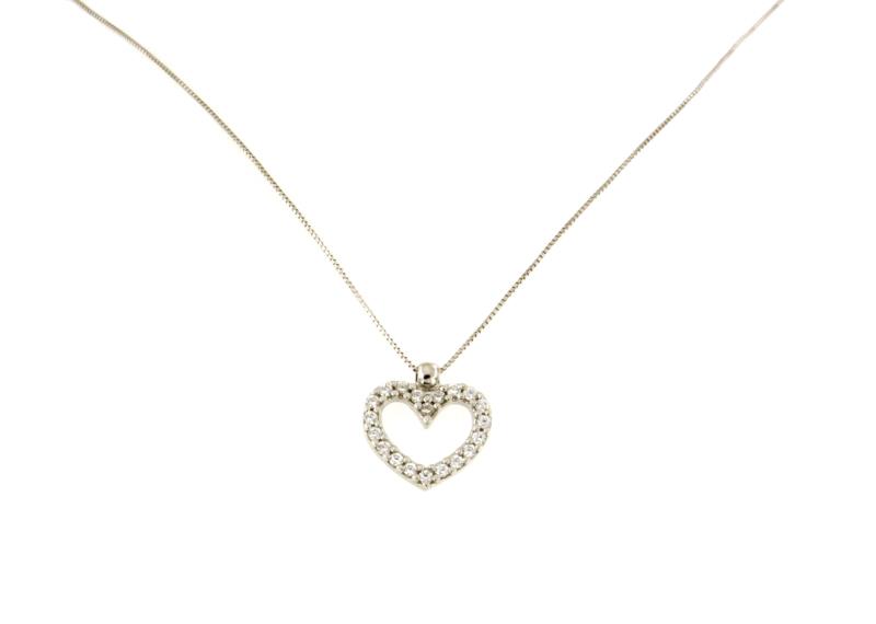 CATENA CON PENDENTE ORO BIANCO 750/1000 CUORE TRAFORATO CON ZIRCONI - CM 40 - 
