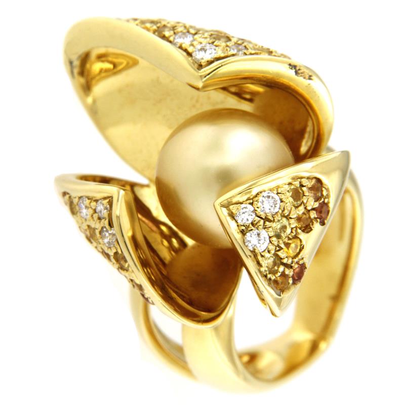 ANELLO ORO GIALLO 750/1000 "IO SÌ" CON PERLA GOLD, 9 DIAMANTI DA 0,02 CT CAD E QUARZI  MIS. 9.5 - 