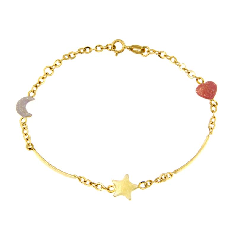 BRACCIALE ORO GIALLO 750/1000 MAGLIA ROLÒ CON STELLA, LUNA, SOLE SMALTATI - CM 16 - 