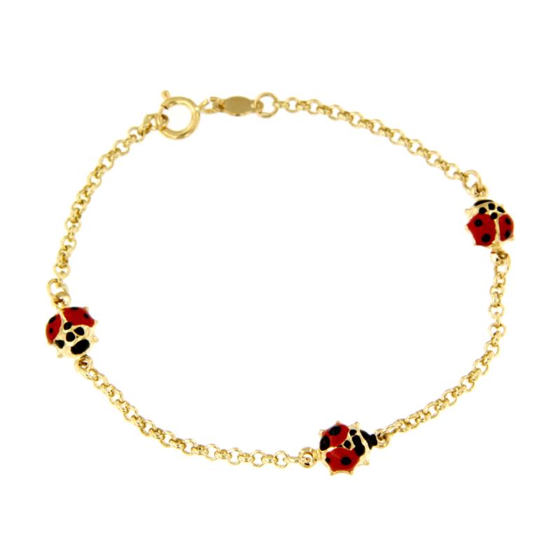 BRACCIALE  ORO GIALLO 750/1000 MAGLIA ROLÒ CON COCCINELLE SMALTATE - CM 14.5 - 