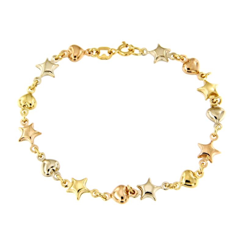 BRACCIALE TRE ORI 750/1000 CON CUORI E STELLE - CM 19.5 - 